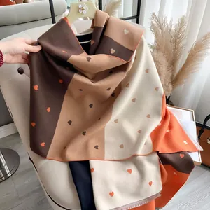 Women Fashion Imitation Cashmere Scarf Heart Pattern Color Block Warm Winter Shawl With Tassels Soft Wraps For Ladies Gift