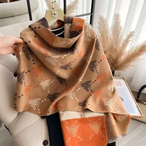 Bufanda de Moda para Mujer con Patrón de Abeja y Colores de Contraste Imitación Cachemira Chal Cálido de Invierno con Borlas