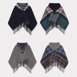 Women wool blend plaid poncho shawl with vintage button and fringe trim in four colors