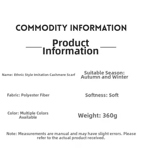 Detailed specifications table of ethnic style cashmere-feel scarf for autumn and winter