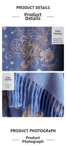 Detail of blue peony pattern and tassel edges on soft cashmere-like shawl wrap