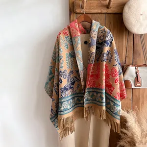 Ethnic Style Dala Horse Plant Pattern Tassel Scarf Shawl Thick Warm Autumn Winter Wrap For Women Retro Jacquard Pashmina
