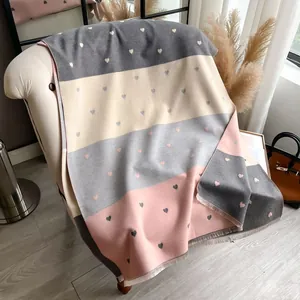 Cashmere-like winter scarf for women with heart pattern texture and tassel edges
