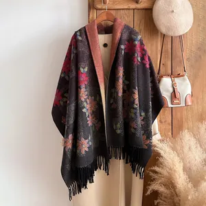 Women Elegant Imitation Cashmere Scarf Shawl Cornflower Floral Jacquard Pattern Tassels Long Warm Winter Wrap Lady Clothing Accessories