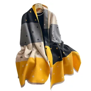 Plaid heart pattern cashmere scarf in black grey and yellow with tassels for women
