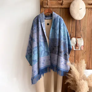 Ethnic style horse and leaf pattern shawl scarf with tassels for winter fashion