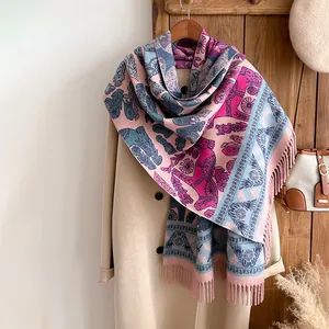 Ethnic style cashmere-like scarf with plant and horse prints and long fringes