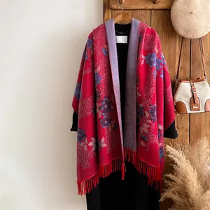 Elegant dark red floral cashmere-like shawl with blue flower patterns and fringe trim
