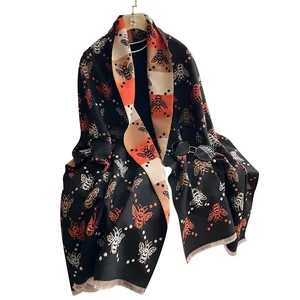 Bufanda bicolor con diseño de abejas y borlas para mujer, chal grueso estilo cachemira