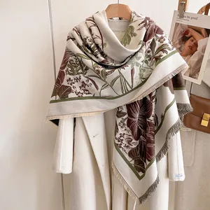 Écharpe en Faux Cachemire pour Femmes Imprimé Floral Iris Vintage Grand Châle Carré Enveloppement d'Hiver Élégant avec Franges