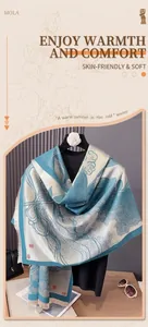 Detail of blue and white lotus pattern scarf with fringe, soft double-sided fabric