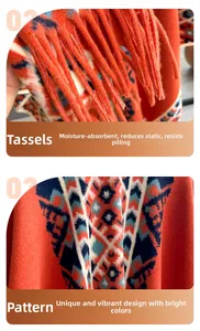 Detailed view of bohemian shawl featuring orange geometric patterns and delicate tassels