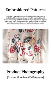 Detailaufnahme der farbenfrohen Paisley-Blumenstickerei auf weißem Winterschal-Stoff