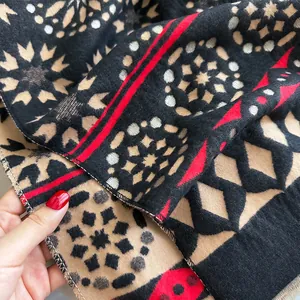 Bohemian geometric pattern cashmere shawl in black and red with ethnic star motifs