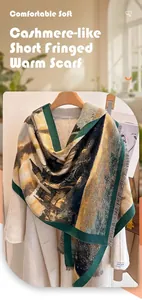 Close-up of retro scenery print cashmere feel scarf with short fringes and handmade label