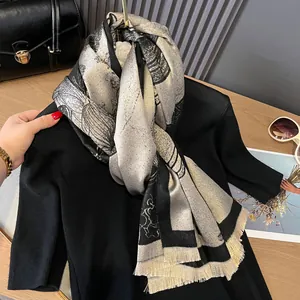 Black and champagne floral pashmina shawl with metallic patterns and fringe edges