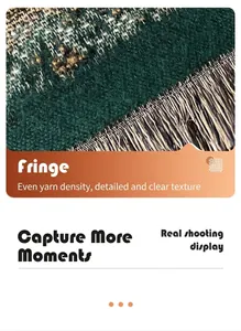 Detailed view of dark green and golden brown woven scarf with fringe edges and wave texture