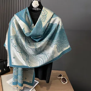 Detail of blue lotus jacquard scarf with thick tassel fringe and classical pattern