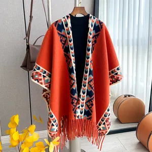 Bohemian Ethnic Knit Poncho Shawl Vintage Geometric Pattern Tassel Fringe Cape Faux Cashmere Warm Winter Travel Wraps