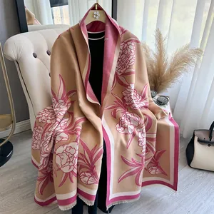 Κομψό μπεζ και ροζ κασμίρ κασκόλ με floral σχέδιο και κρόσσια για γυναίκες χειμώνα