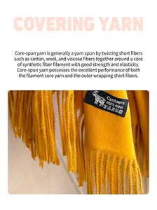 Detail of yellow core-spun yarn scarf showing soft texture and long fringe tassels