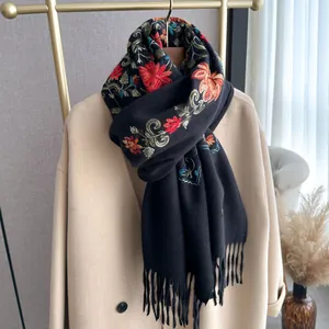 Ethnic style black floral embroidered pashmina shawl with tassel fringe for winter warmth