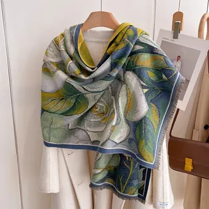 Elegant floral imitation cashmere scarf with retro landscape prints and short tassels
