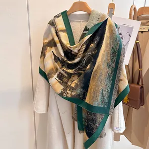 Close-up of elegant floral oil painting print scarf with fringe edge on white coat