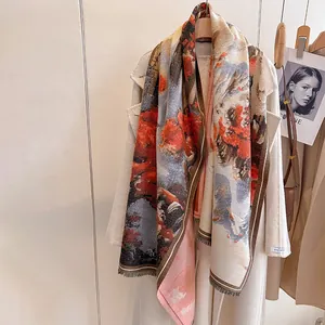 Elegant floral landscape pashmina scarf with fringe on wool coat, warm handmade shawl