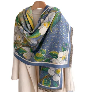 Elegant blue floral cashmere scarf with white camellia pattern and fringe for women