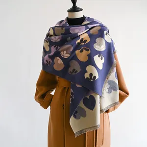 Purple heart pattern cashmere-like warm winter scarf with tassels shown on a coat