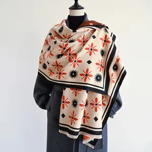 Women Cashmere-like Scarf Winter Warm Shawl Floral Geometric Print Tassel Fringe Thick Versatile Wrap For Daily Office Gift