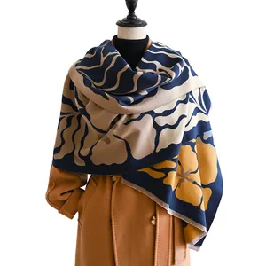 Elegant floral cashmere-like scarf shawl wrap for women in navy and camel tones