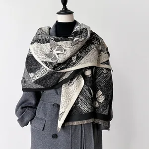 Écharpe en Imitation Cachemire à Motif Papillon pour Femmes Châle Chaud Double Face Vintage avec Glands Doux Hiver