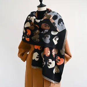 Elegant Heart Floral Print Cashmere Feel Polyester Warm Scarf For Women Winter Thickened Shawl With Tassels Daily Accessories