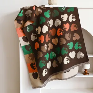 Premium double-sided cashmere-feel scarf with colorful heart patterns and fringe edges