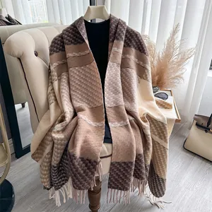 Cozy cashmere-like knit shawl scarf with earthy color patchwork and fringe tassels