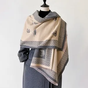 Double-sided beige and grey scarf with sailboat print and houndstooth trim for women