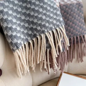 Minimalist soft cashmere feel plaid scarves with tassels in grey and brown for winter