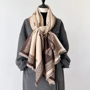 Classic reversible beige and brown houndstooth scarf with nautical sailing print