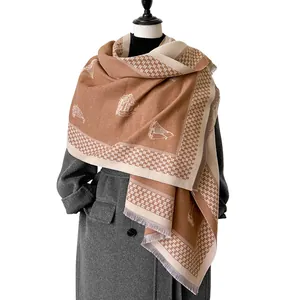 Classic double-sided cashmere scarf with houndstooth border and sailboat print detail