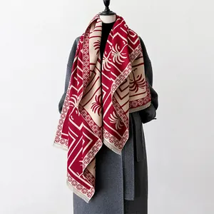 Women Winter Thick Warm Cashmere-like Scarf Geometric Palm Tree Jacquard Shawl Wrap With Tassel Fashion Neck Accessory