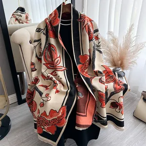 Vintage Pomegranate Floral Jacquard Scarf For Women Warm Winter Shawl With Tassels Imitation Cashmere Large Soft Wrap