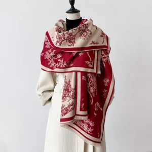 Vintage Floral Faux Cashmere Scarf For Women Thickened Warm Winter Botanical Shawl With Fringed Tassel Elegant Wrap