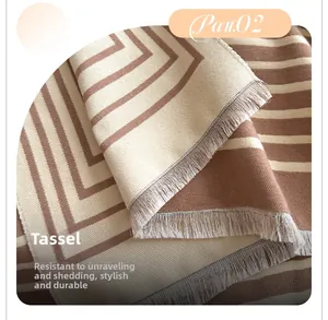Detailed close-up of geometric cashmere-feel scarf showing thick weave and durable tassels