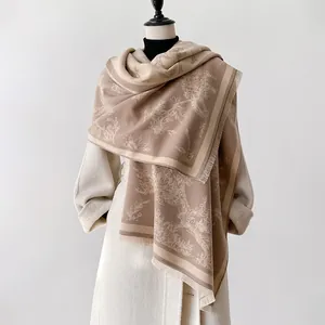 French style Toile de Jouy floral cashmere feel scarf with fringe on a mannequin