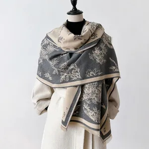 Retro grey and beige thick pashmina scarf with vintage floral patterns and fringe details