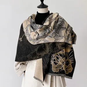 Damen Vintage Kaschmir-Imitat Schal Pfingstrose Floral Doppelseitig Warmer Schultertuch Mit Quasten Soft Winter Jacquard
