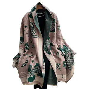 Elegant cashmere-like warm shawl with pomegranate jacquard and retro floral patterns