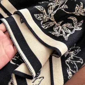 Thick vintage floral knit scarf in black and beige with soft cashmere-like texture